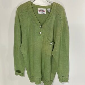 Olive Green V-Neck Knit Sweater buttoned oversized vintage